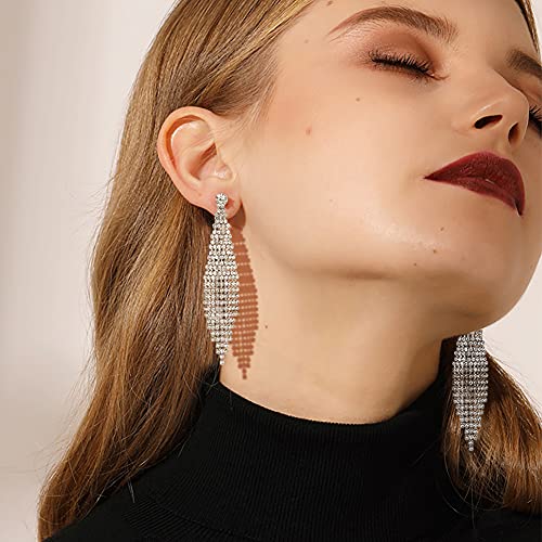 Silver Tassel Clip On Earrings For Women, Rhinestone Chandelier Earrings Boho Tassel Earrings For Wedding Bridal Party #TOP3