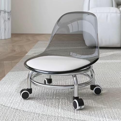 Taburete rodante con soporte trasero, ruedas giratorias de 360°, metal y acrílico para el hogar, oficina, jardín, masaje, tienda y fitness