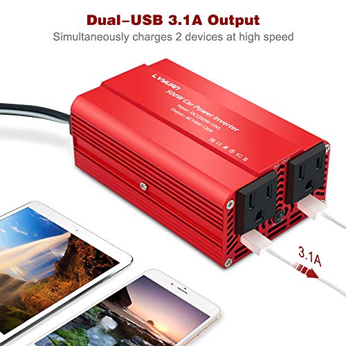 LVYUAN 500W Power Inverter for Vehicles DC 12V to 110V AC Car Plug Adapter Outlet Converter with 2 USB Fast Charging Ports and 2 AC Outlets Car Charger Adapter