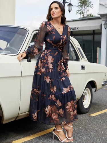 ANRABESS Womens Floral Long Sleeve Maxi Dress V Neck Chiffon Flowy Boho A-Line 2026 Spring Wedding Guest Party Wrap Dresses Brown Floral Golden X-Large — view 6