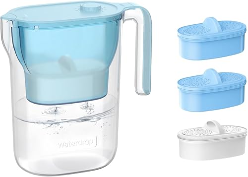 Waterdrop Jarra de filtro de agua de larga duración de 200 galones, purificador de agua certificado NSF, reduce PFOAPFOS, cloro, 7 tazas, azul, con