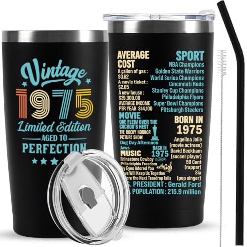 50th Birthday Gifts for Men Women, 50 Year Old Gifts Idea for Him Her, Happy 50th Birthday Tumbler Cup Over 50, Gift for Woman Man in Their 50s Back in 1975 Year Tumbler, Turning 50 Birthday Present