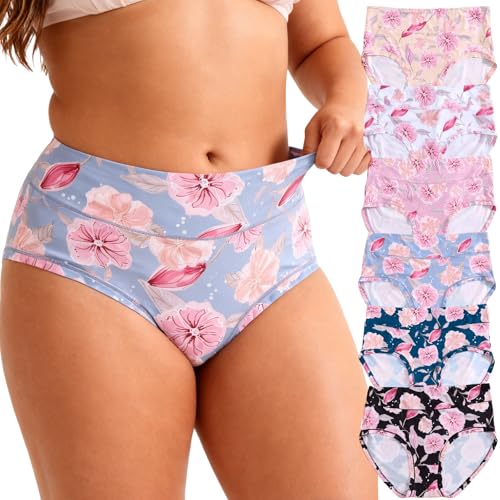 Image of Womens Underwear XL-5XL Plus Size Ladies Panties Mid High Waist Briefs for Woman Floral Print Pantys 6-Pack