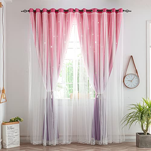 Image of Yancorp Curtains for Girls Bedroom Kids Curtain Hollow-Out Star Window Drapes Curtain 63 inches Length Room Darkening Grommet 2 Layers(Pink Purple,W34*L63)