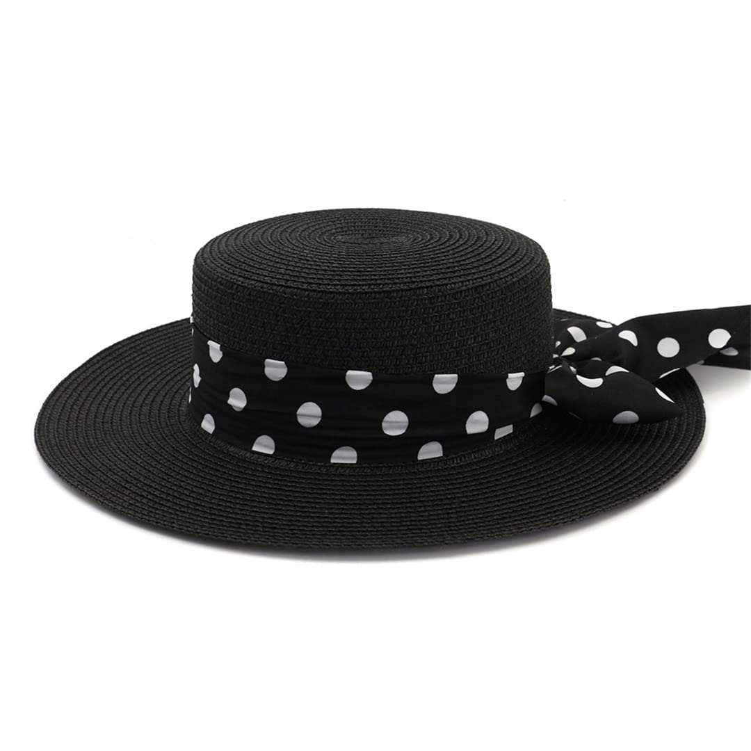 Woman Polka Dot Ribbon Bow Sun Hat Beach Hat Flat Top Cap Female