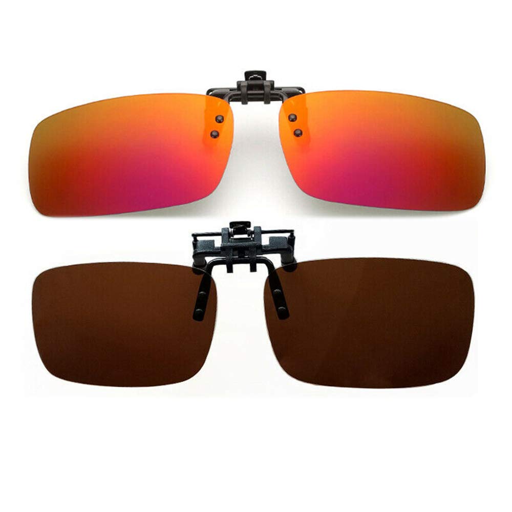 Tooldo Unisex Red+Coffee Polarized Clip On Flip-Up Driving Glasses Night Vision Len Uv400 Sunglasses For Men Women Driving Hiking Fishing Outdoor Sport- 2Pc