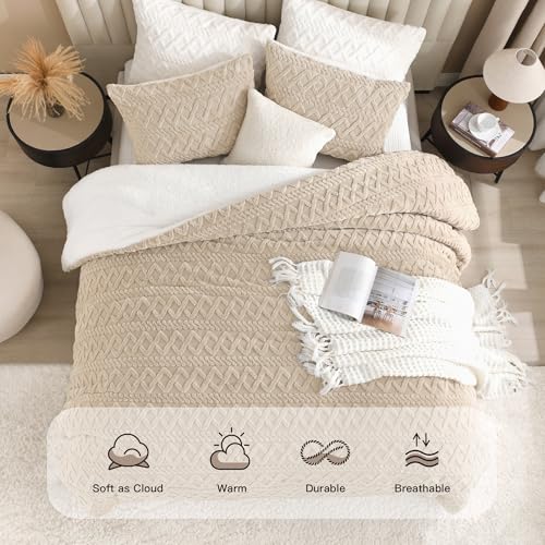 Image of Andency Fluffy Sherpa Queen Comforter Set, Super Soft Beige Fleece Warm Bedding for Winter, Luxury Jacquard Boho Thick Fuzzy Plush Bed Set 3 Pieces(1 Shaggy Comforter, 2 Pillowcases)