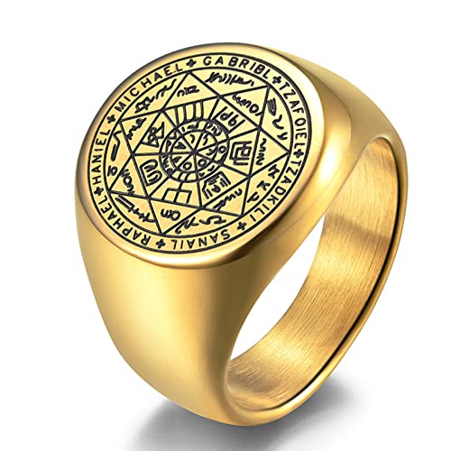 Poevic Seal of The Seven Archangels Ring The Seal Of Solomon Tetragrammaton Archangels Protection Ring for Men Talisman Jewelry (Gold,10)