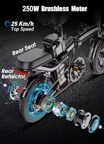 Foldable Electric Bike, 14" Portable Folding E-Bike, City Bike, 48V 10AH Battery, 250W, 25KMH, 60KM Range, Disc Brakes, Triple Suspension, LCD Display, 3 Riding Modes, Rear Seat, Recycle Energy System - Image 4