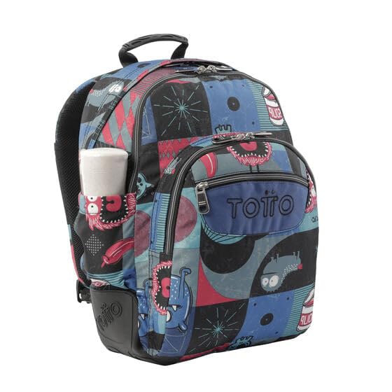 TOTTO - Mochila Escolar Grande, Modelo Rayol, Capacidad 19 L, 3 Compartimentos, 2 Bolsillos Botella, Bolsillo PC 14", Espaldar Ergonómico con Flujo de Aire, Correas en S, Estampado Cyber Monstruos