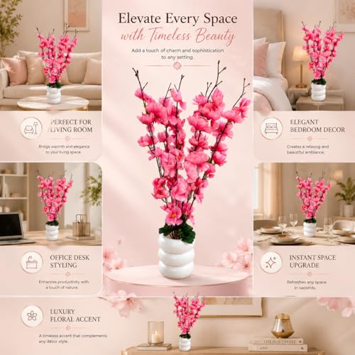 Image of Artificial Pink Cherry Blossom Flower Plant with White Decorative Pot for Home Decor, Bedroom, Living Room, Office Desk & Table Centerpiece