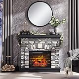 IFGET 42" Electric Fireplace with Mantel, Farmhouse Fireplace TV Stand w/23'' Freestanding Electric Fireplace Heater, Remote Control, Adjustable 3D Realistic Flame Level for Living Room, Light Grey