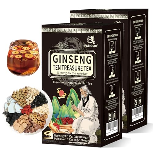 Kidney Tea Ginseng Ten Treasure Tea, Ginseng Five Treasure Red Date Wolfberry Chinese Herbal Tea, Zhu Gen Wu Bao Cha, Kidney Cleansing for Men & Women (20 bags/2Boxes)