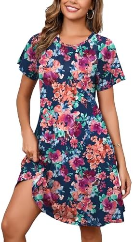 Heymoments Women's Summer Short Sleeve Crew Neck Midi Dresses Casual T-Shirt Sundress with Pockets