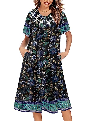 Ekouaer House Dress for Women Button Down Nightgown Short Sleeve Housecoat with pockets S-4XL
