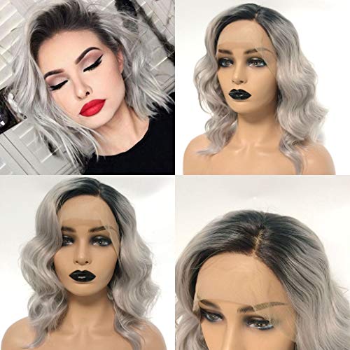 Ombre Silver Gray Wavy Wig Bob Lace Front Wig For Women 180% Density Heat Resistant Short Synthetic Wig