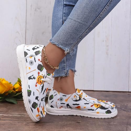 2025 Women Fashion Halloween Canvas Sneakers,Skeleton Pumpkin Printed Walking Shoes for Women,Casual Lace Up Low Top Comfortable Walking Canvas Sneakers Skeleton,Slip on Flats Pumpkin Shoes3