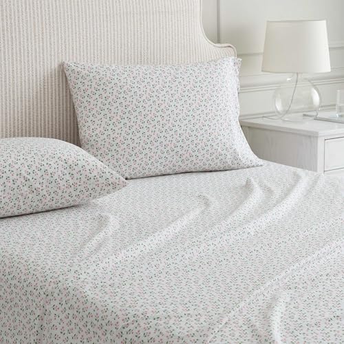 Image of Martha Stewart - Twin Size Sheet Set, Crisp & Tailored Bedding with a Smooth Cotton Percale Feel, Deep Pocket, Bed Sheets with Matching Pillowcase & Fitted Sheet (Kennedy Floral Pink)
