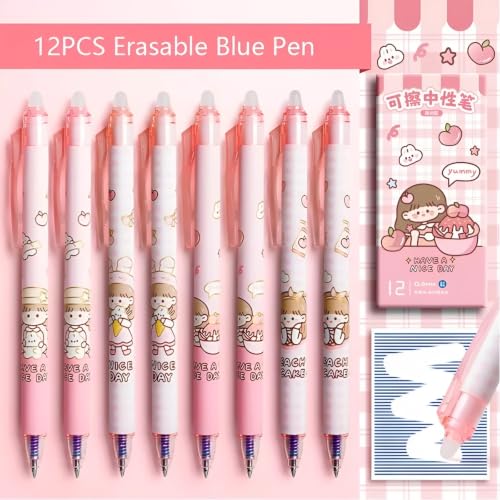 Image of Erasable Gel Pen, Cute Girl Theme, Blue Ink, 0.5mm Fine Tip, Comfort Grip, for School and Office, Pack of 12 (Pink)