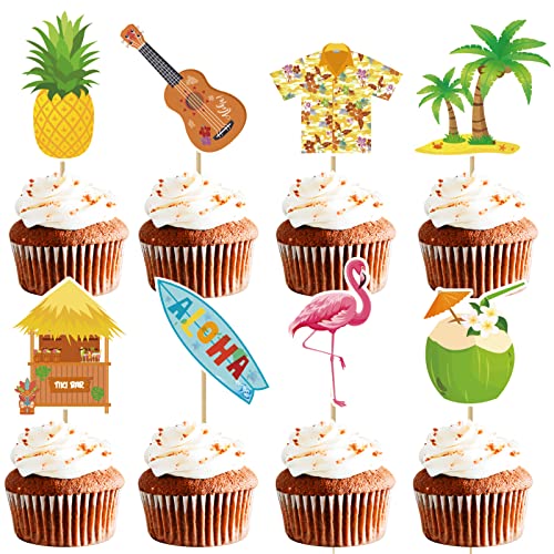 Mulukaya 24Pcs Hawaiian Aloha Cupcake Toppers Tropical Luau Pineapple Flamingo Surfboard Tiki Bar Ukulele Coconut Tree Treat Cake Picks For Summer Hawaii Beach Birthday Party Decorations #TOP9