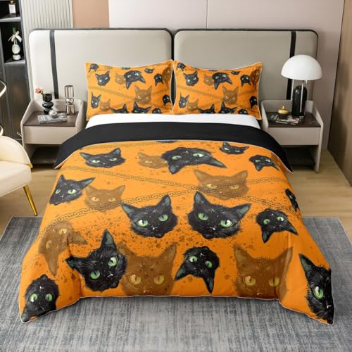 Erosebridal Halloween Black Cat 100% Cotton Duvet Cover Queen, Orange Kawaii Cats Comforter Cover, Cute Bedspread Cover?Cartoon Animals Green Eyes Cats Head Quilt Cover for Kids Girls Boys