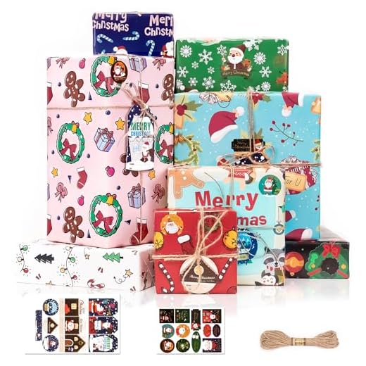 Papel Regalo + Etiqueta + Pegatina + Cuerda de Yute, 10 Hojas Papel para Envolver Regalos de Colores de Dibujos Animados para Año Nuevo, Navidad, Fiesta, Cumpleaño,70x50cm