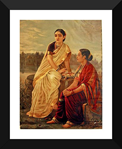 Image of Tallenge - Radha with Sakhi - Raja Ravi Varma Mythology Collection - Small Poster Paper - Framed (12 x 18 inches)