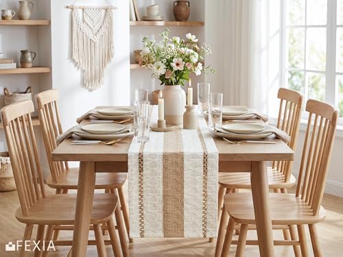 Image of FEXIA Boho Table Runner for Hoilday Spring Home Decor Farmhouse Rustic Table Runner Macrame Burlap Coffee Table Decor House Decoration for Living Room Bridal Shower (12x72 Inches)