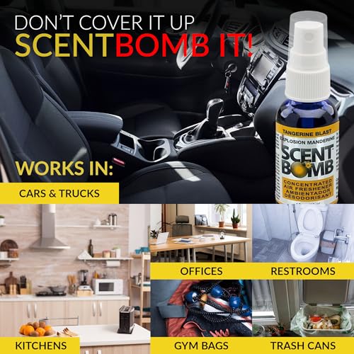 Image of Scent Bomb Air Freshener Spray, Long-Lasting Odor Eliminator - Effective Deodorizer for Home & Car, Fresh Room Spray for Kitchen, Bathroom & Smell Neutralizer - 1 oz Pack of 4, Tangerine Scent