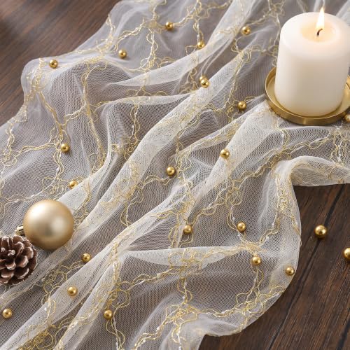 FEXIA Champagne Gold Pearl Table Runner Tulle Sheer Wedding Holiday Decor