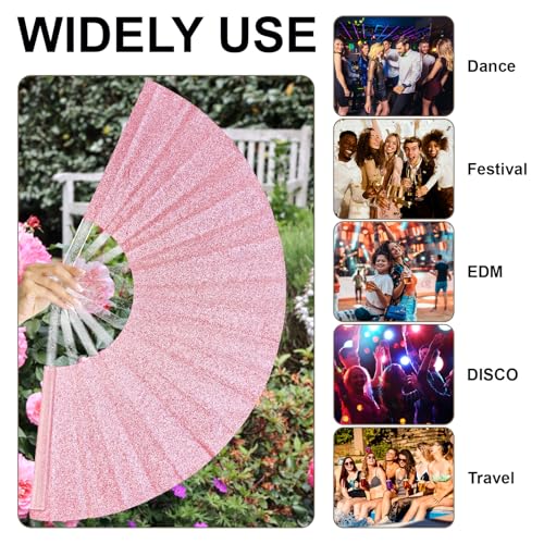 EOSAU Large Glitter Folding Hand Fans for Women Foldable Handheld Clack Fans for line Dancing, Wedding, Church, Festival, EDM, Party, Club, Rave Accessories (13\" Pink 03)