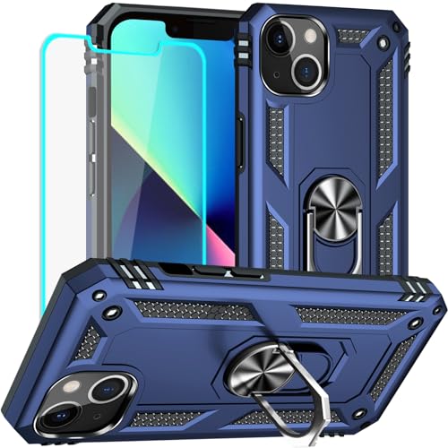 Coque iPhone 13 antichoc bleu avec protège-écran HD et anneau de support