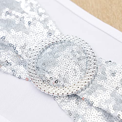 Gankar One-Side Sequins Chair Sashes Bows 100 Silver Chair Bands With Round Buckles, Sequin Spandex Stretch Chair Sash For Wedding Banquet Party Dining Chairs Decorations - Silver, 100Pcs #TOP4