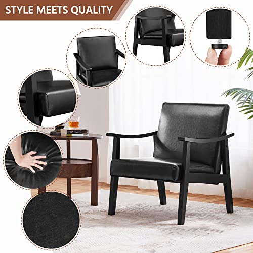 Image of Yaheetech PU Leather Black Chairs, Mid-Century Modern Armchair with Solid Wood Legs, Reading Accent Chair with High Back for Living Room Bedroom Waiting Room, 2 pcs, Black