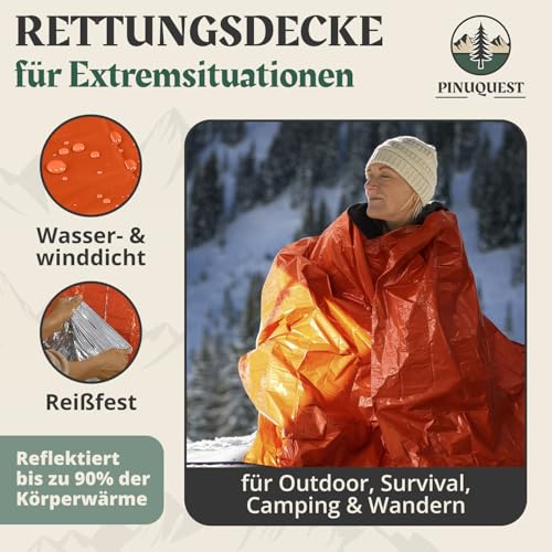 PINUQUEST Rettungsdecke 26 µm (2er-Set) - Extra Dicke & Robuste Erste Hilfe Decke, Notfalldecke für Outdoor, Survival, Camping, Wandern | Wasser- und Winddicht (210 × 160 cm) (Orange)