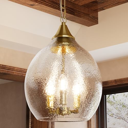 TOCHIC Glass Pendant Light Fixtures, 3 Lights Modern Farmhouse Kitchen Pendant Lighting Over Island, 13.3" D Large Hammered Glass Gold Chandelier for Bedroom, Living Room, Dining Room, Foyer, Hallway
