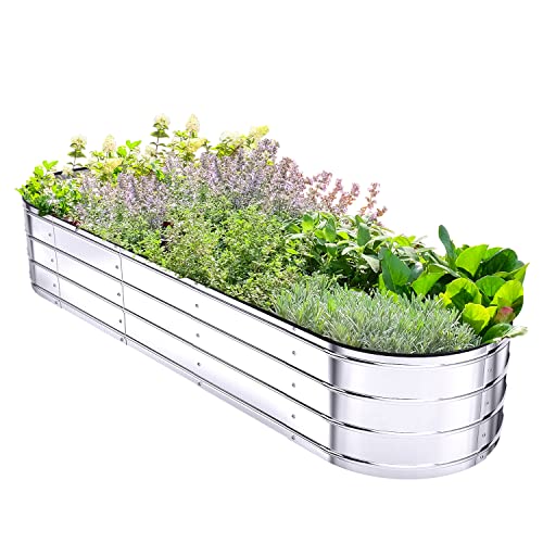 Ohuhu Raised Garden Bed W/Safety Edging, 5.7X1.7X1 Ft Galvanized Metal Planter Box, Outdoor Plant Beds Planting Boxes For Vegetable Flower Herbs, Above Ground Elevated Large Oval Gardening Planters #TOP6