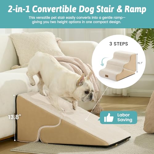 Image of COZY KISS Dog Stairs for Small Dogs, 3-Step 2-in-1 Dog Steps,15.7 inch H | 3-step dog stairs and ramps for Old Cats, Puppy, Small Dogs,Non-Slip Base,for Couch & Bed, Beige