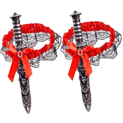 2 Pcs Pirate Sword with Lace Bow Pirate Costume Women Toy Sword with Thigh Garter (Red-Grey)