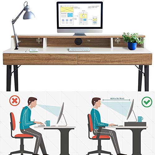 Dporticus 47” Computer Desk With Monitor Shelf Home Office Desk With Drawers & Storage White Wood Small Writing Table Study,Modern Simple #TOP1
