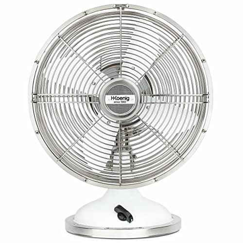 H.Koenig JOE50 Ventilador de mesa silencioso de diseño retro vintage en metal blanco, 25 cm, 3 velocidades, Oscilación fija o de 90°, Ajuste vertical, Base antideslizante