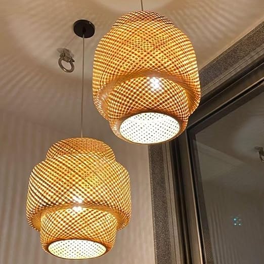 Bamboo Lampshade I Bamboo Wicker Hanging Lampshades | Bamboo Pendant Lamp | Boho Lamp Shades | Cane Lampshade | Rattan Lamp Shade | Bamboo Hanging Lamps |Size-(14 * 12In) (Set of 2)