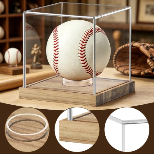 Image of Hooqict Baseball Display Case Clear Acrylic Baseball Holder Display Case UV Protected Cube with Wood Base Stand Championship Sports Collections Box for Game Balls