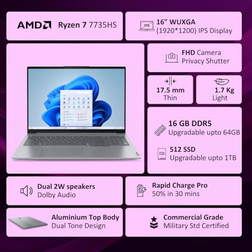 Image of Lenovo ThinkBook 16, AMD Ryzen 7 7735HS, 16GB RAM, 512GB SSD, WUXGA IPS 16 inch, Windows 11 Home, 1.7kg, 21MWA0AUIN, Backlit Keyboard, Fingerprint, 300 Nits, 1Y Warranty, Aluminium Top Laptop