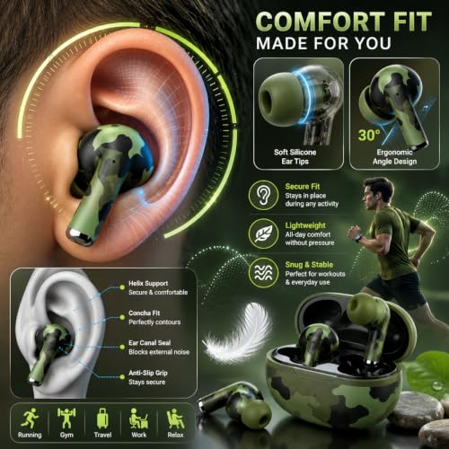 Image of J38 Army Series Truly Wireless Bluetooth Earbuds with Bluetooth v5.4, 36H Playtime, ENC Calling Mic, Touch Controls, Deep Bass, Type-C Charging, Camouflage Green