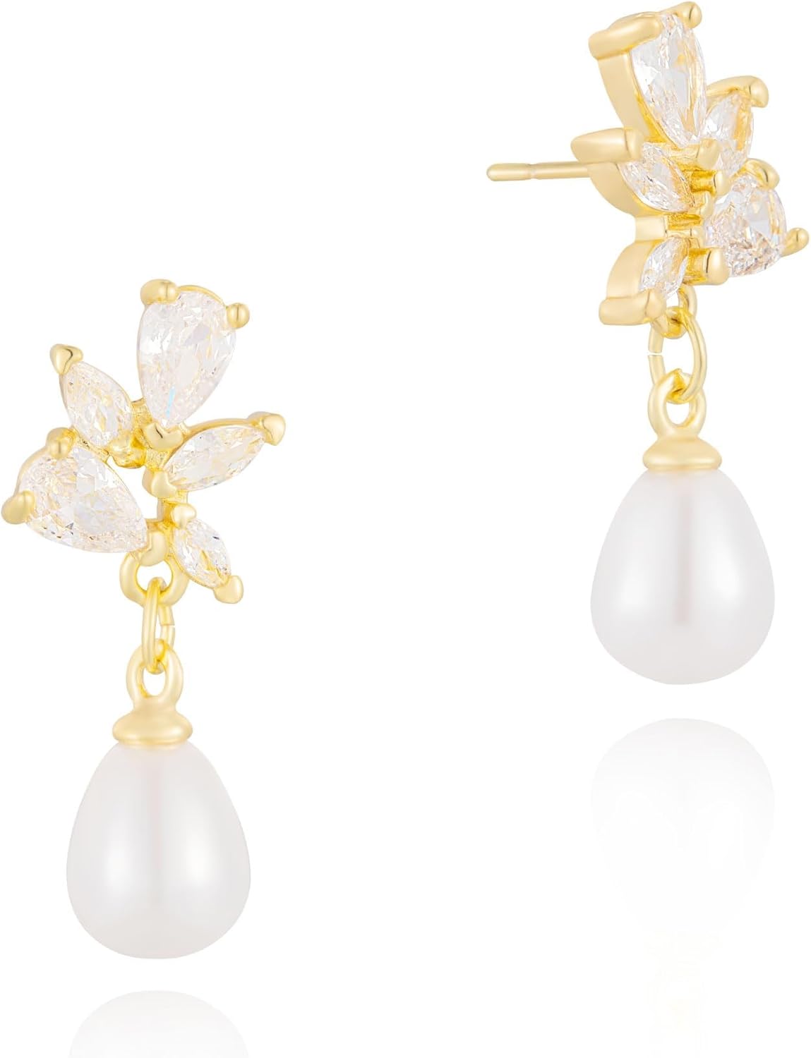 HANLI Pearl Dangle Earrings for Women - 14K Gold Plated Dainty Cubic Zirconia Pearl Drop Wedding Stud Earrings for Brides Bridal Jewelry - Image 8