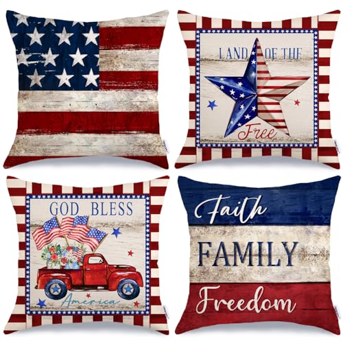 GEEORY 4th of July Independence Day Throw Pillow Covers 18x18 Inch Set of 4, Patriotic Star Land of The Free God Bless America Truck Holiday Decorative Farmhouse Decoration for Home G527-18