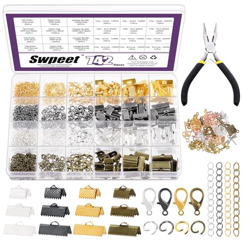 Swpeet 771 pulseras de cinta con alicates kit surtido de herramientas, marcapáginas, extremos de crimpado, cierres de langosta con anillos de salto y extensores de cadena para hacer marcapáginas,