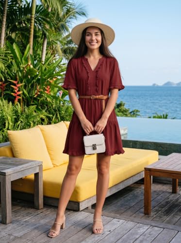 Image of Dokotoo Womens Summer Dresses 2026 V Neck A Line Short Sleeve Casual Ruffle Babydoll Mini Dress