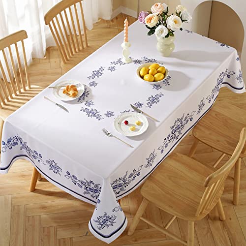Sastybale Spring Blue And White Porcelain Painting Table Cloth, Rectangle Watercolor Wrinkle Washable Reusable Table Cover For Kitchen Dining Picnic Party (60" X 84", Rectangle/Oblong(6-8 Seats)) #TOP2